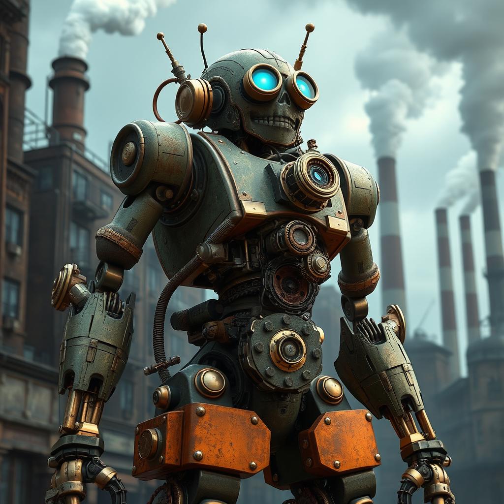 A stunning robotic figure in a diesel punk style, featuring intricate mechanical parts, exposed gears, and brass elements