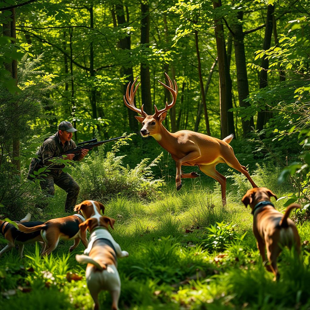 A dynamic scene of a hunter in the forest, skillfully tracking a majestic deer that is gracefully leaping through the underbrush