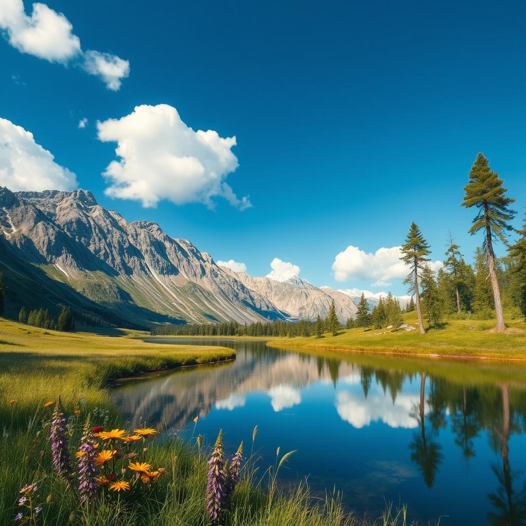 A hyper-realistic depiction of a serene natural landscape featuring a clear blue sky with fluffy white clouds, vibrant green grass, and a tranquil lake reflecting the surrounding mountains