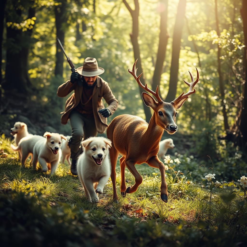 A scene showcasing a fierce hunter, known as a cazador, in pursuit of a deer in a lush forest