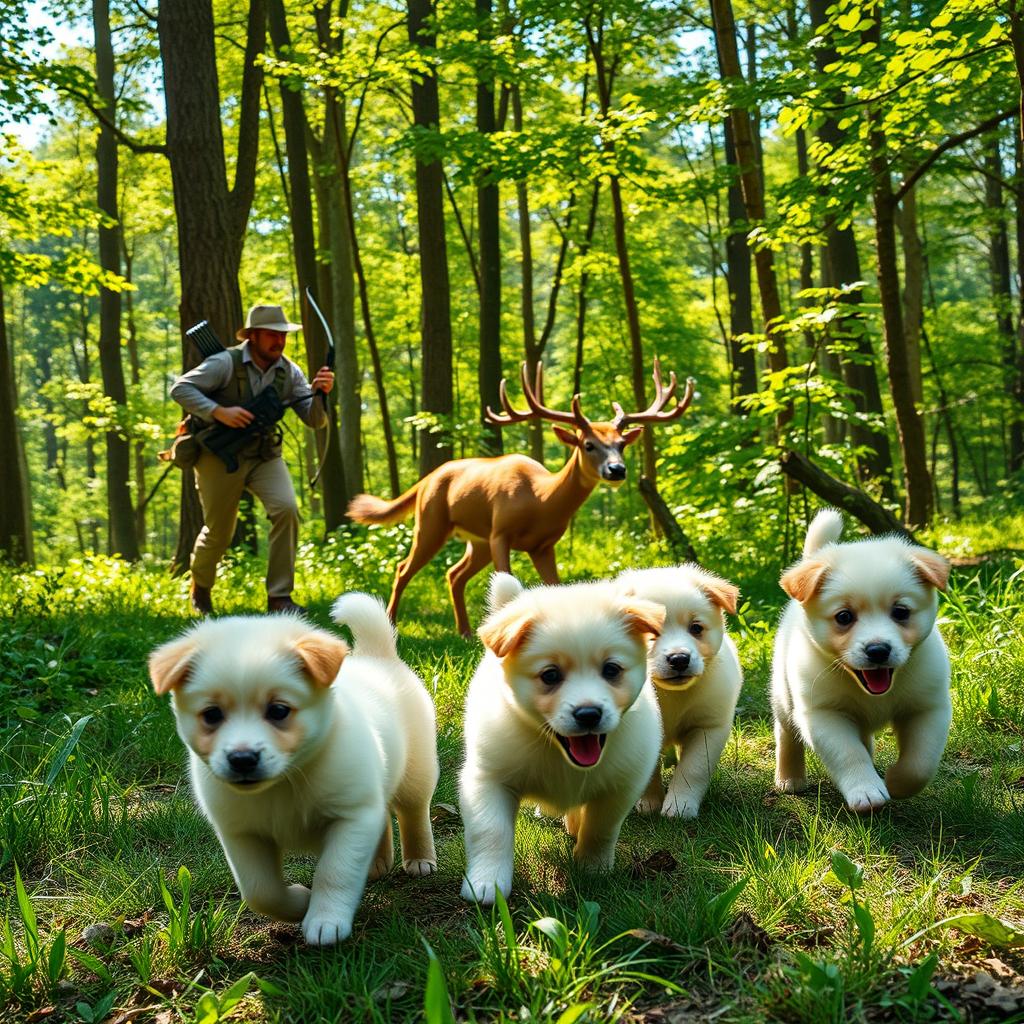 A dynamic scene of a hunter chasing a deer through a lush, vibrant forest