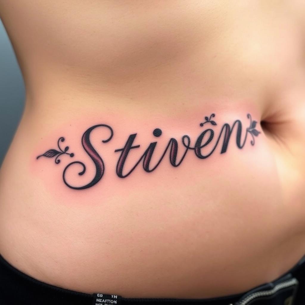 A close-up of a beautifully designed tattoo that reads 'Stiven', elegantly inked on a smooth belly