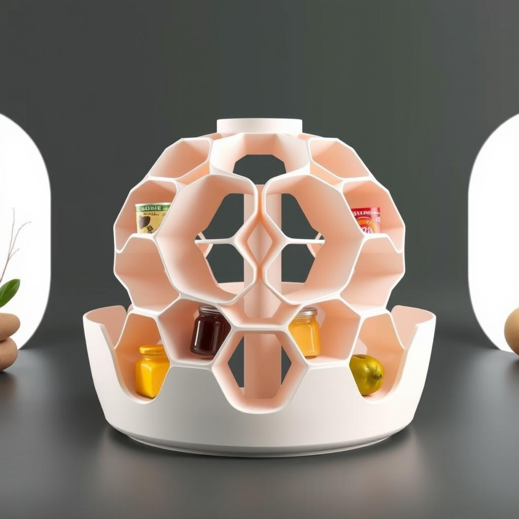 A modern and minimalist design for a rotational multistorage system designed for foods and condiments, targeting households