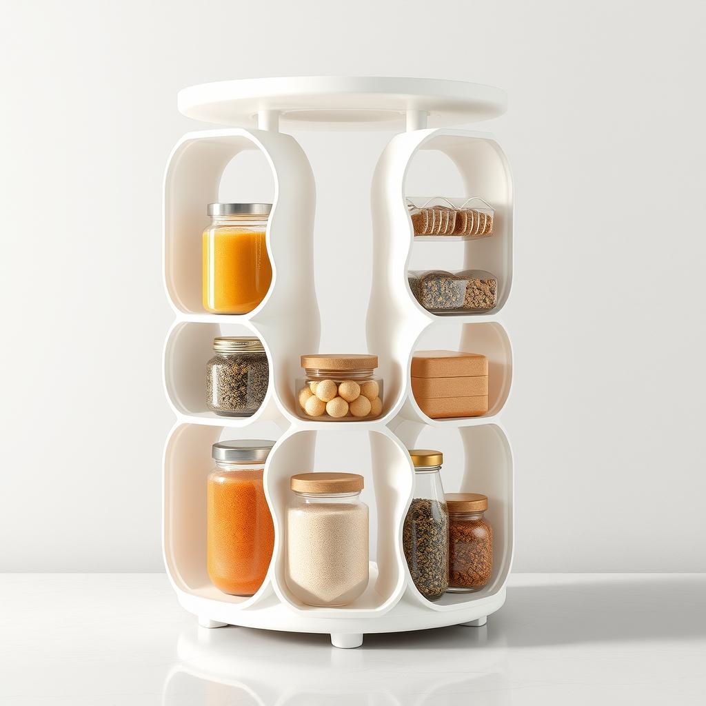 A contemporary and minimalist design for a rotational multistorage system specifically for foods and condiments, aimed at enhancing ergonomics for households