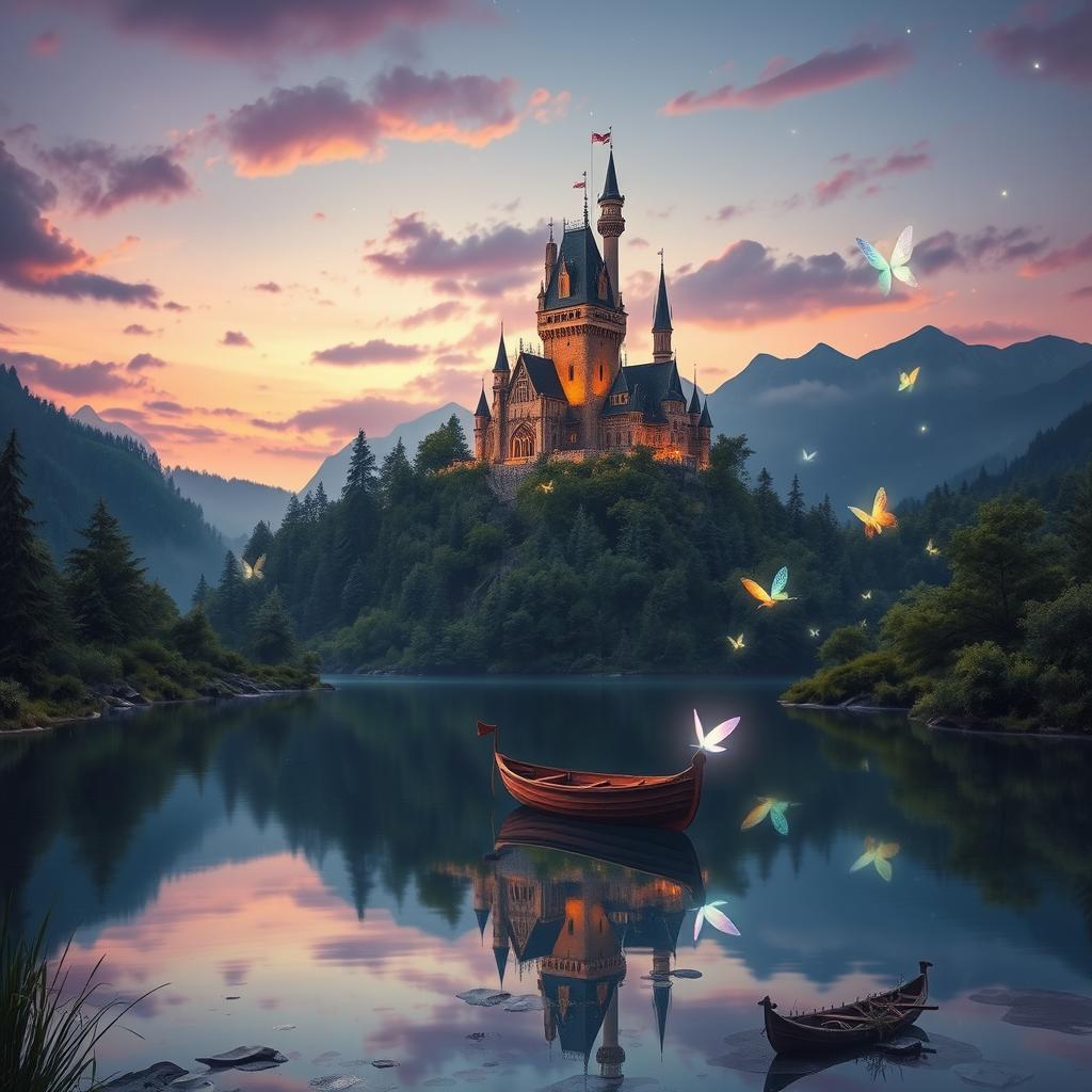 A serene fantasy landscape at twilight, featuring a majestic castle on a hill surrounded by lush forests