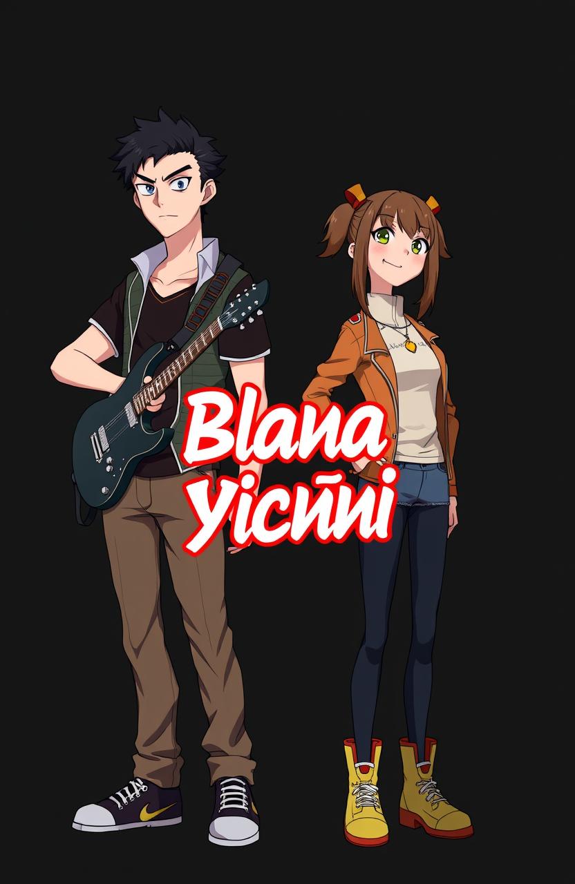 Two characters standing side by side in anime style against a dark background