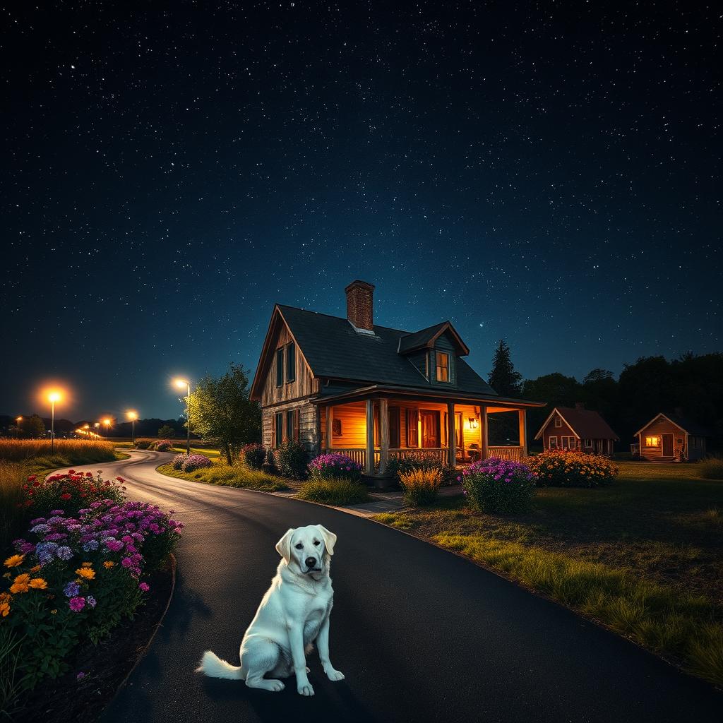 A dilapidated house under a vast starry sky, with twinkling stars creating a magical atmosphere