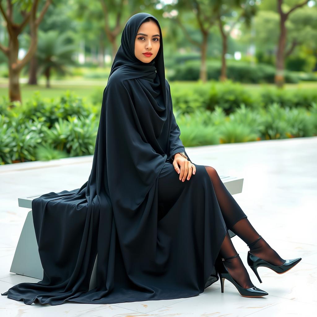 A woman dressed in a traditional black chador that gracefully covers her head and body, elegantly paired with black tights and stylish black high heels