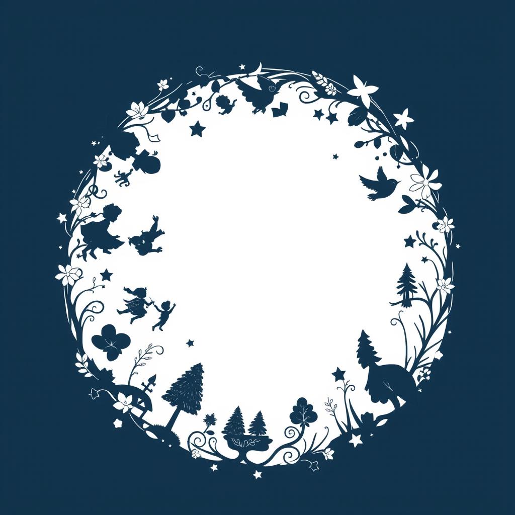 A whimsical digital art design featuring a circular border inspired by Peter Pan, incorporating elements like flying children, a silhouette of Peter Pan with his iconic hat, and themes of Neverland such as fairy dust, treetops, and stars