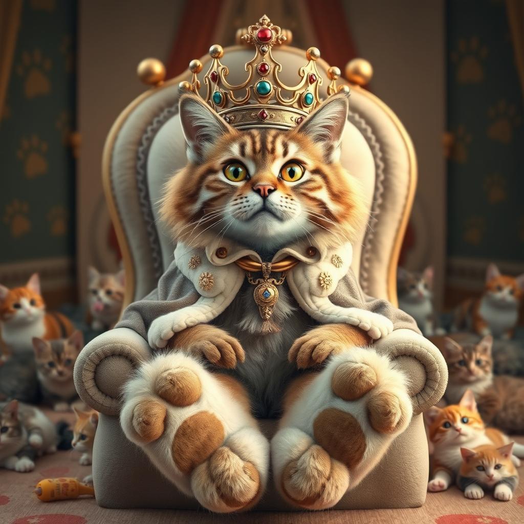 A whimsical and captivating scene featuring a majestic cat king sitting on a throne made of soft cushions