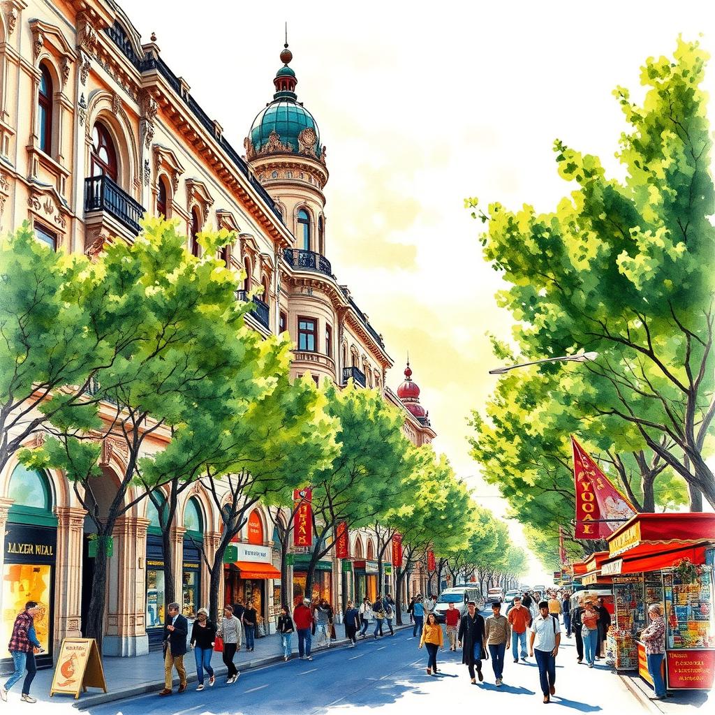 A captivating watercolor painting of the historic Lalezar Avenue in Tehran, showcasing its beautiful architecture and vibrant street life