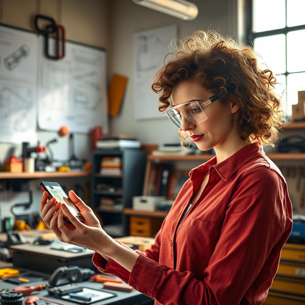 A woman inventor in a vibrant workshop filled with tools and gadgets