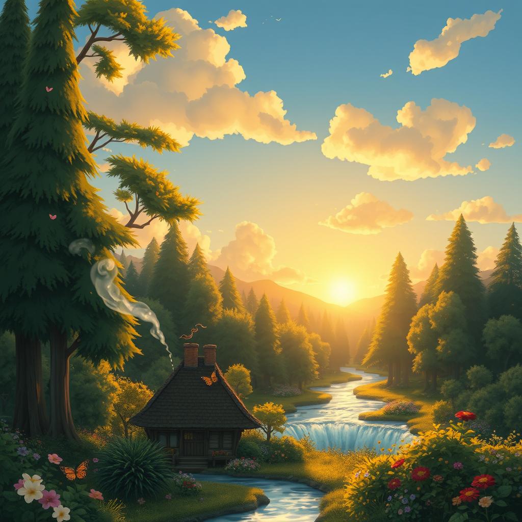 A whimsical, enchanting landscape inspired by Studio Ghibli, featuring a lush, vibrant forest with towering trees and a mystical, flowing river