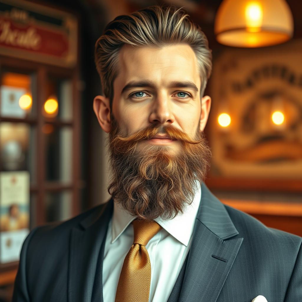 A dapper gentleman with a well-groomed mustache and a thick beard, wearing a stylish suit and tie