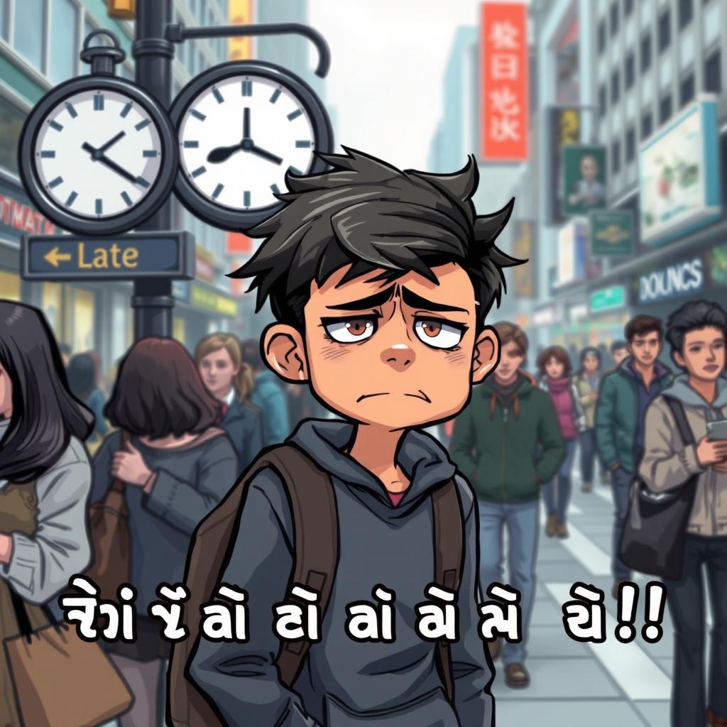 A visually striking illustration of a character visibly frustrated and tired, standing in a busy urban environment with a clock showing the time as late
