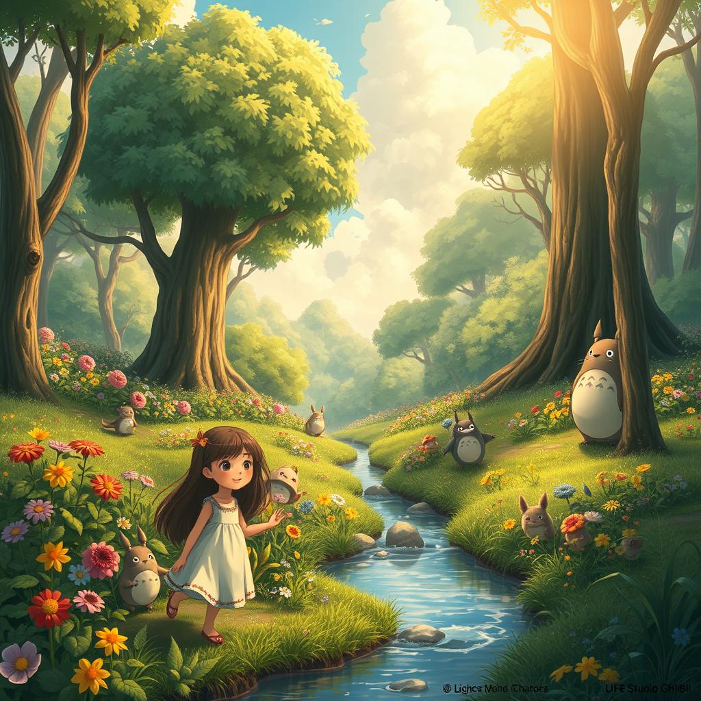 A vibrant and magical forest scene reminiscent of Studio Ghibli's enchanting style, featuring whimsical creatures like Totoro and curious forest spirits