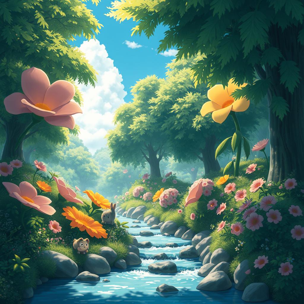 A beautifully detailed scene in the unique style of Studio Ghibli, featuring a lush forest with whimsical, magical elements