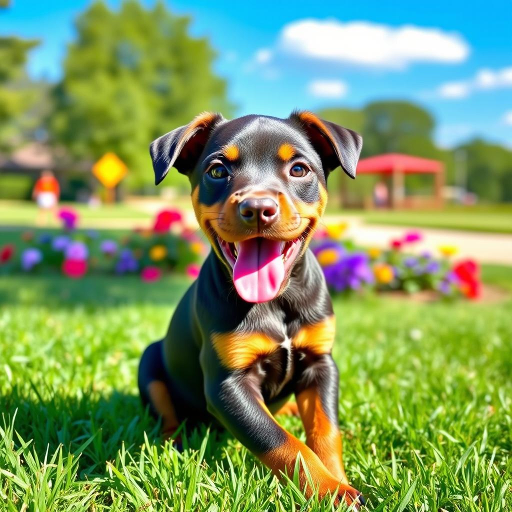 A one-year-old mixed breed puppy with Doberman traits, showcasing a sleek, shiny coat with distinct markings