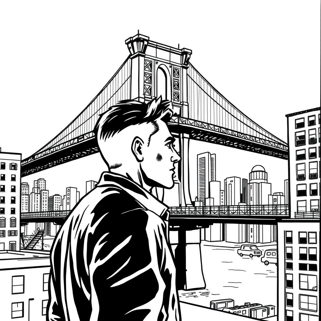 A black and white line drawing that emulates the style of 1940s newspaper comic strips, featuring a handsome man in his 30s gazing at the iconic Brooklyn Bridge in the year 1950