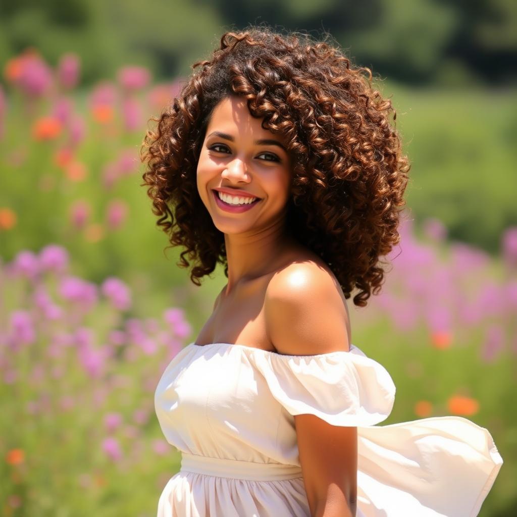 A woman with beautiful, voluminous curly hair styled elegantly