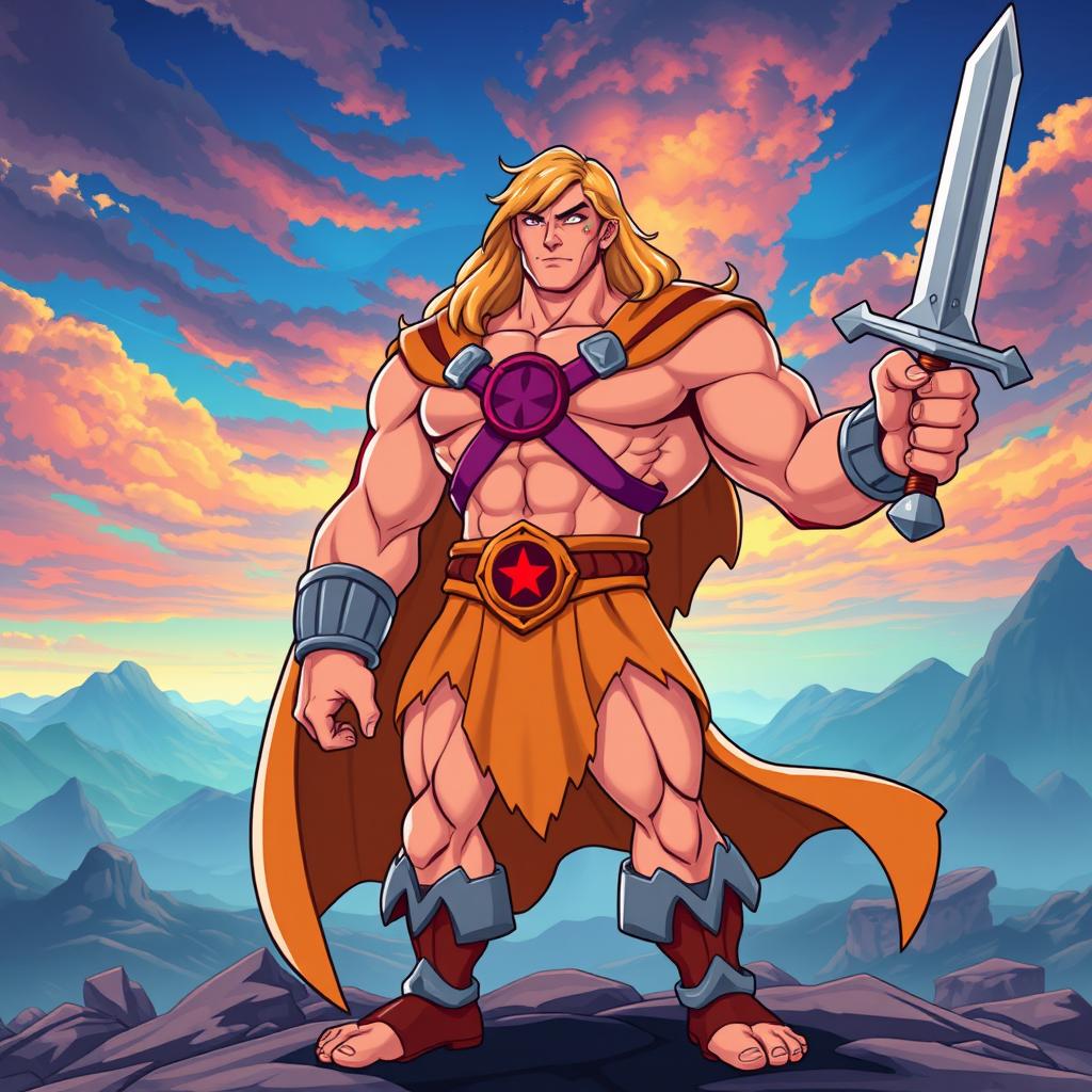 A powerful and heroic character inspired by classic fantasy art, reminiscent of the iconic He-Man from the 1980s with a modern twist