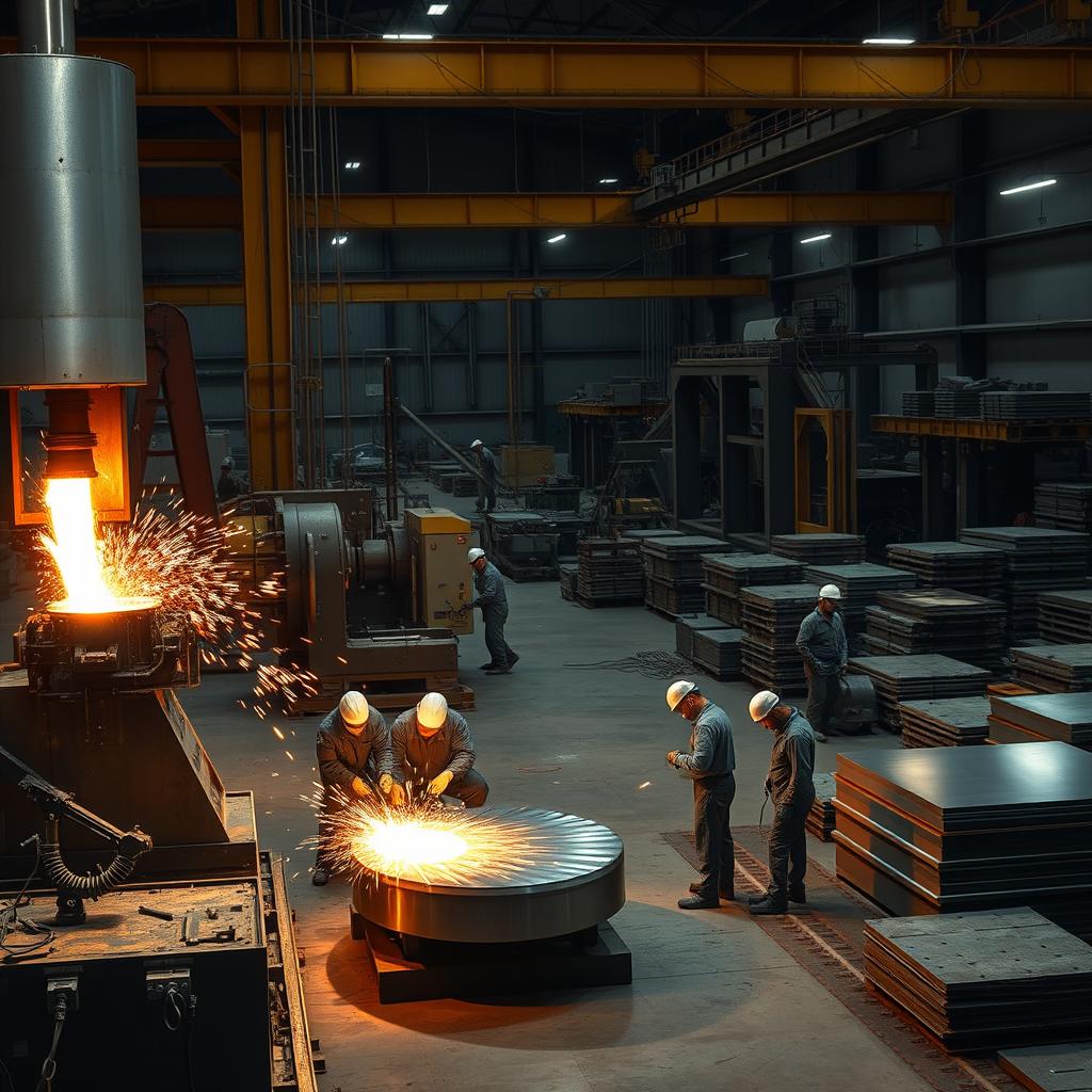 An artistic representation of the metal manufacturing process, showcasing a factory environment