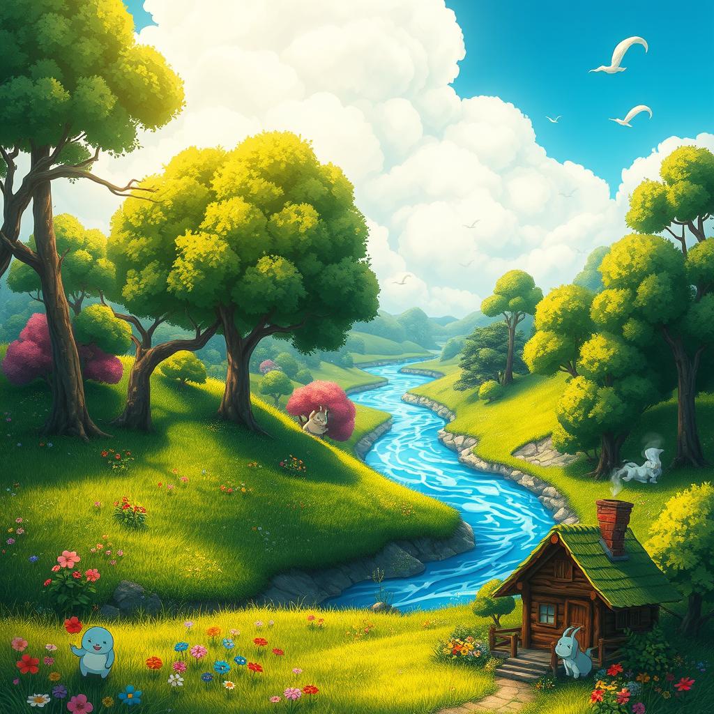 A whimsical, vibrant landscape inspired by the style of Studio Ghibli, featuring a lush green meadow with fantastical trees, colorful flowers blooming, and a serene river flowing through it