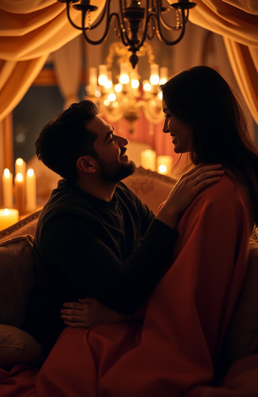A romantic and intimate scene set in a beautifully lit room, adorned with soft fabrics and warm colors