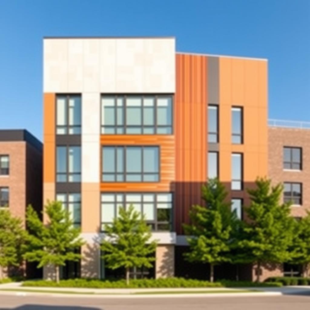 A modern building facade featuring a blend of light and dark brown colors