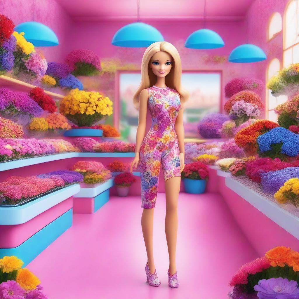 A high-quality digital art image depicts a Barbie girl, dressed in a fashionable jumpsuit, standing in a vibrant flower shop