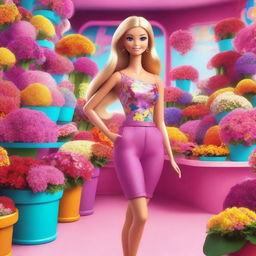 A high-quality digital art image depicts a Barbie girl, dressed in a fashionable jumpsuit, standing in a vibrant flower shop