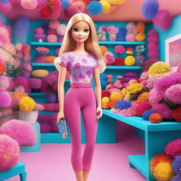 A high-quality digital art image depicts a Barbie girl, dressed in a fashionable jumpsuit, standing in a vibrant flower shop