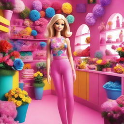 A high-quality digital art image depicts a Barbie girl, dressed in a fashionable jumpsuit, standing in a vibrant flower shop