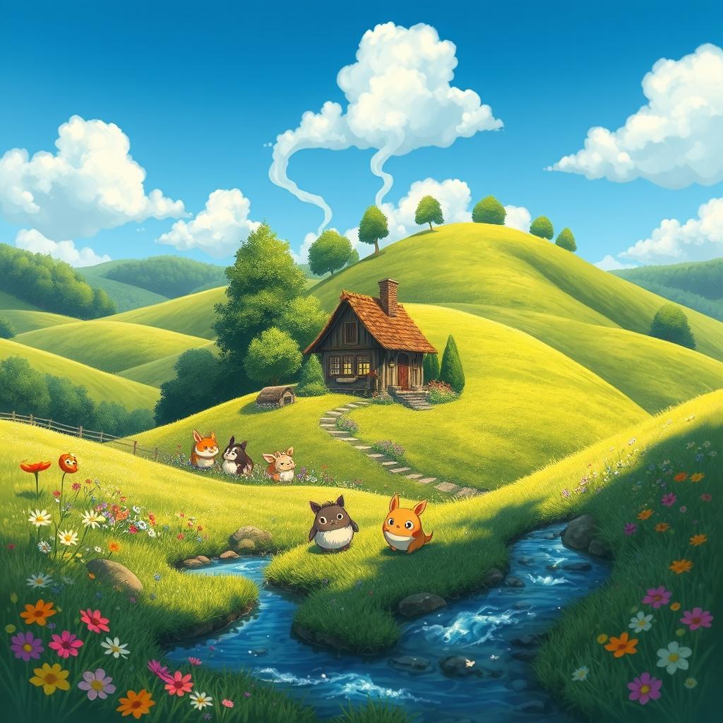 A whimsical landscape that captures the essence of Studio Ghibli films, featuring enchanting rolling hills, lush greenery, and colorful wildflowers