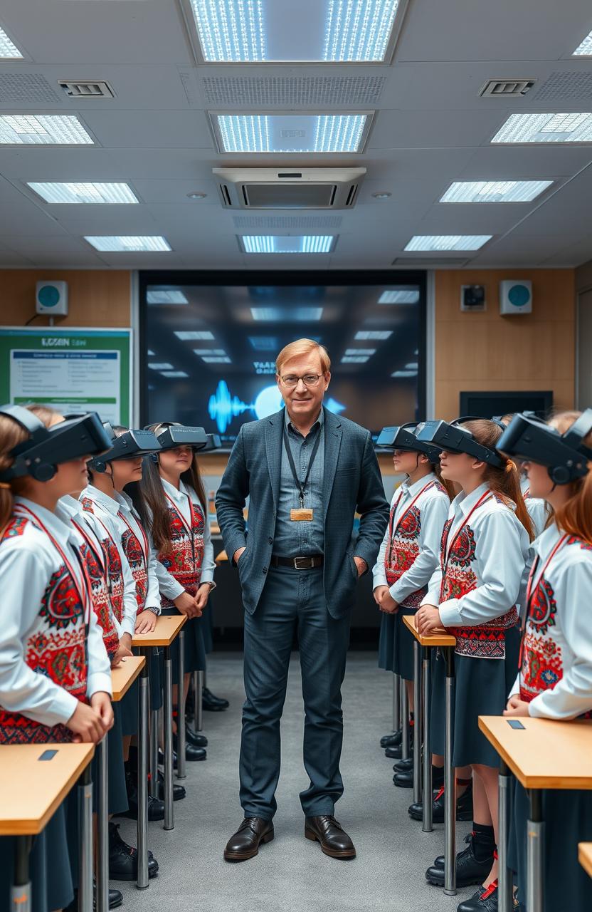 A high-tech classroom scene featuring a teacher standing in the center, surrounded by students