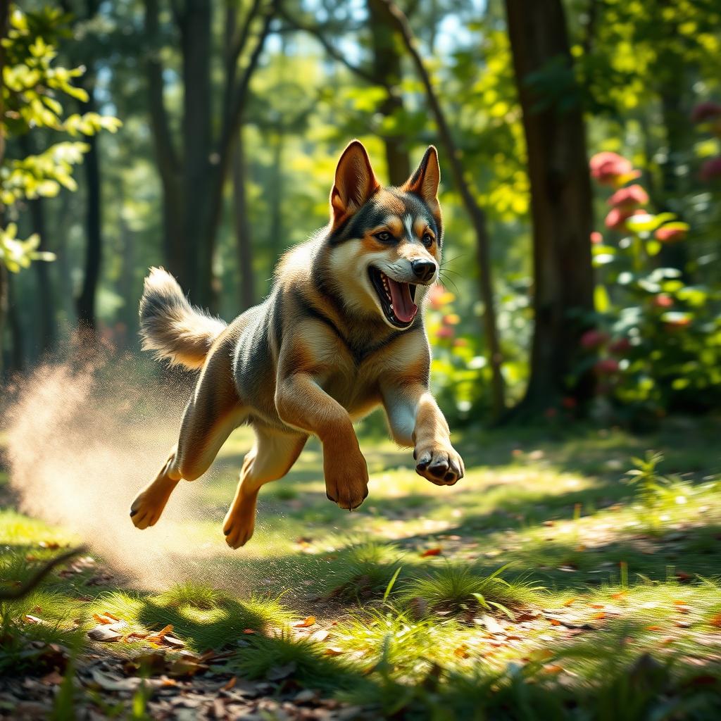 A dynamic scene capturing Lupo Lucio in mid-run, showcasing his powerful legs and agile body as he races through a vibrant forest