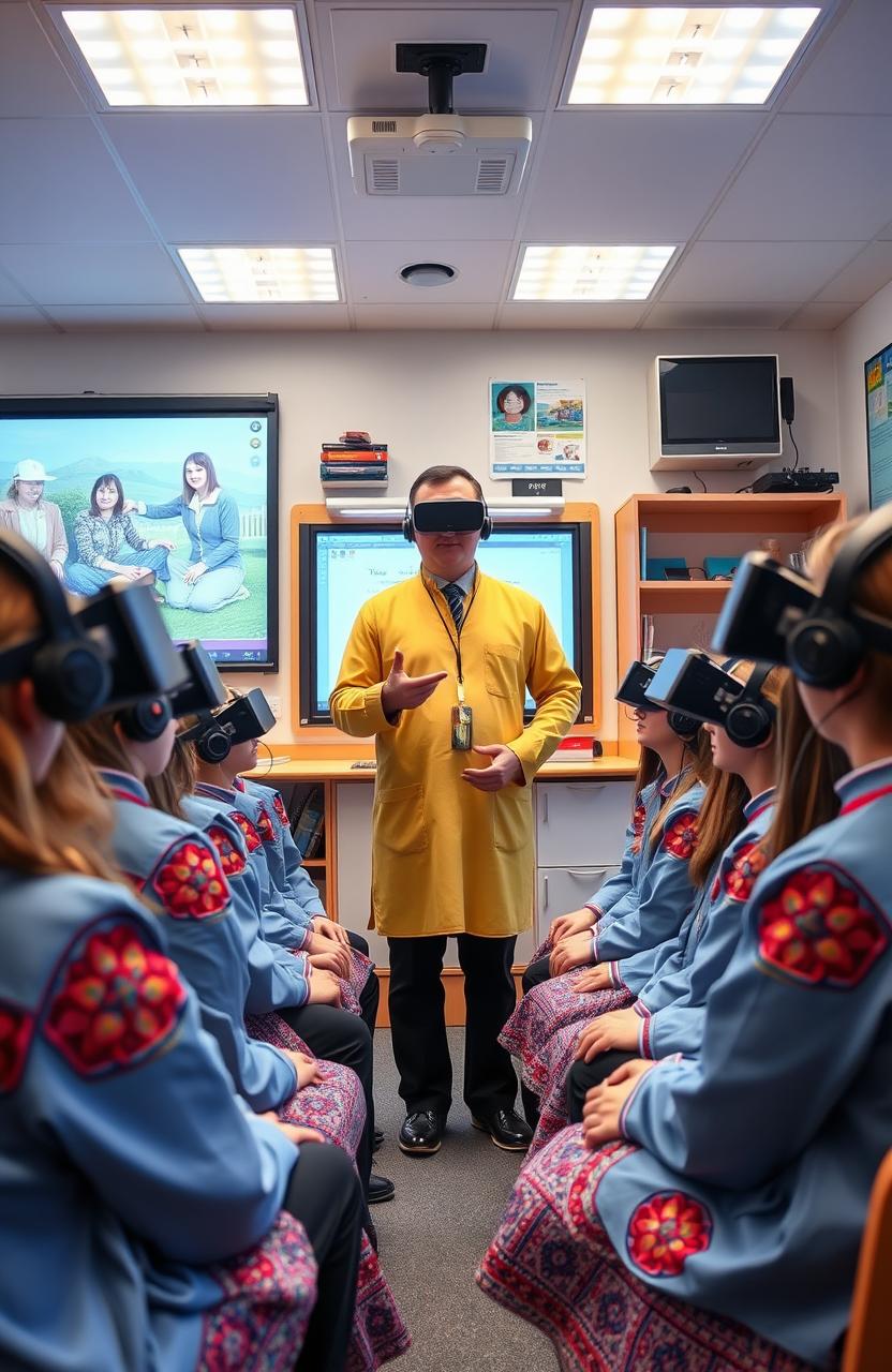 In a vibrant, high-tech classroom setting, a Kazakh teacher stands confidently in the middle, engaging his students who are seated around him