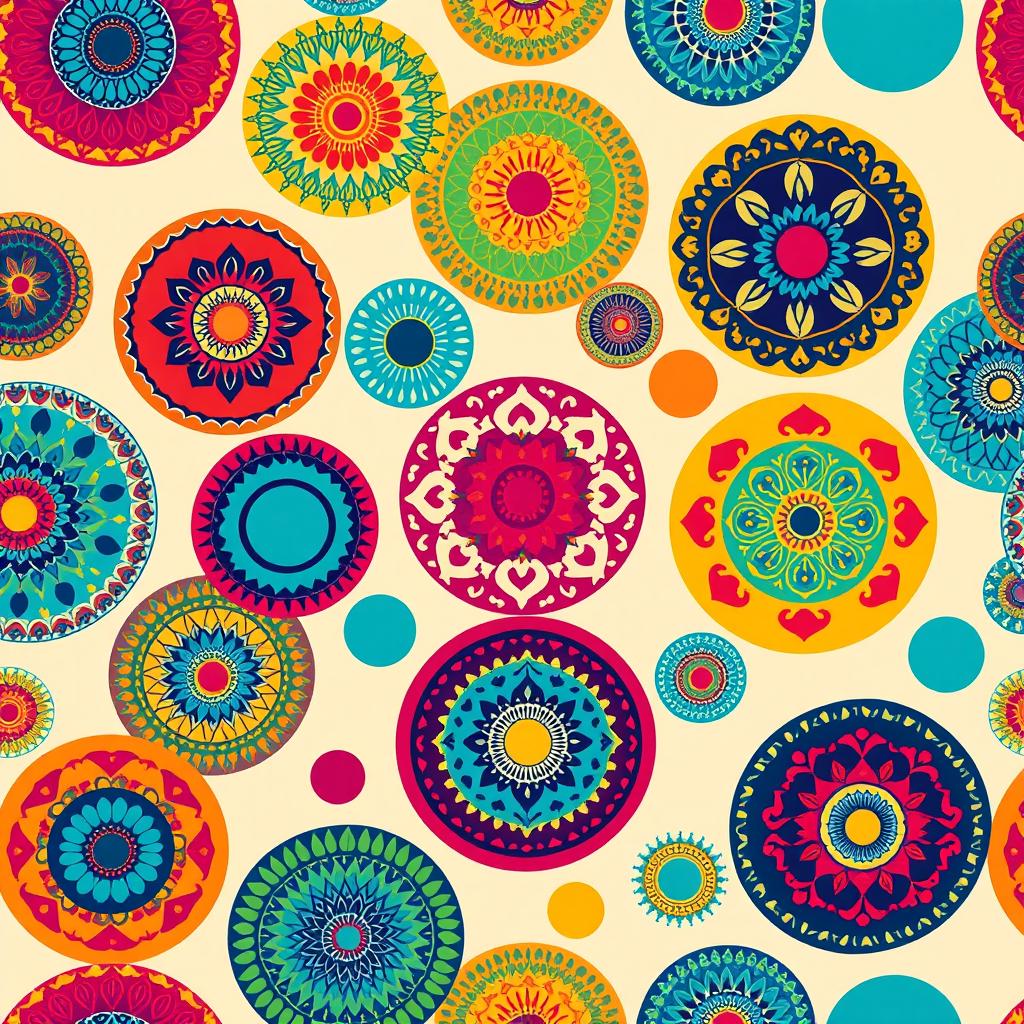 A visually striking pattern of circles featuring a vibrant color palette, each circle intricately decorated with unique designs, such as floral motifs, abstract shapes, and geometric patterns