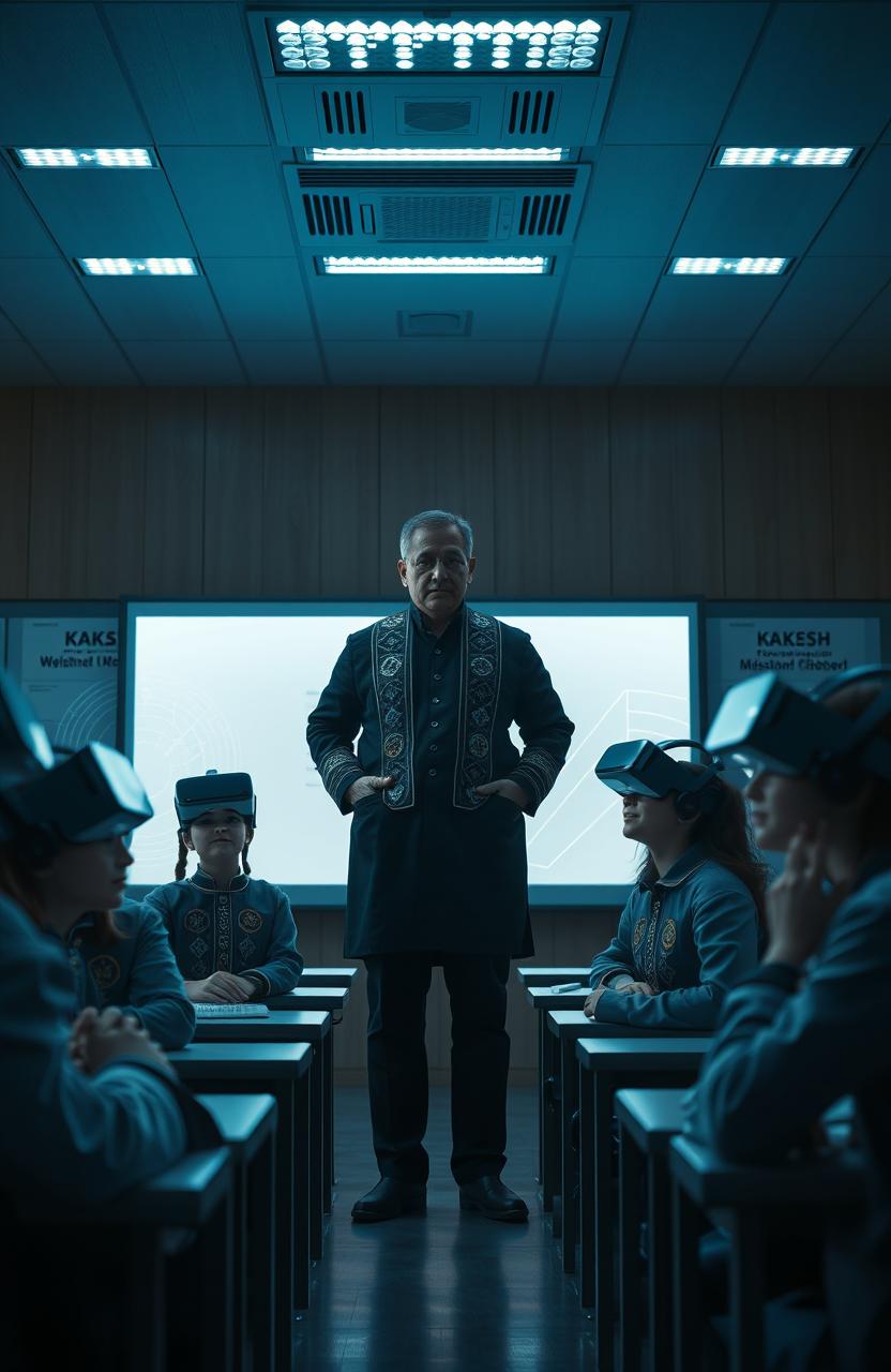 A Kazakh teacher standing at the center of a modern classroom filled with advanced technology, including students wearing VR headsets and interacting with a high-tech whiteboard