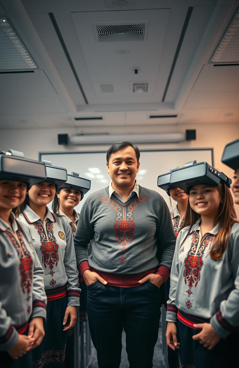A high-tech classroom setting with a teacher of Kazakh ethnicity standing in the center, surrounded by smiling students wearing uniforms decorated with traditional Kazakh ornaments