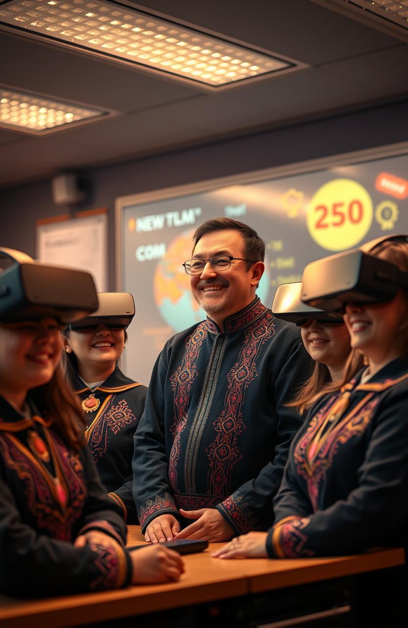 A vibrant and engaging classroom scene featuring a Kazakh male teacher in traditional attire, surrounded by students wearing uniforms adorned with beautiful Kazakh ornaments