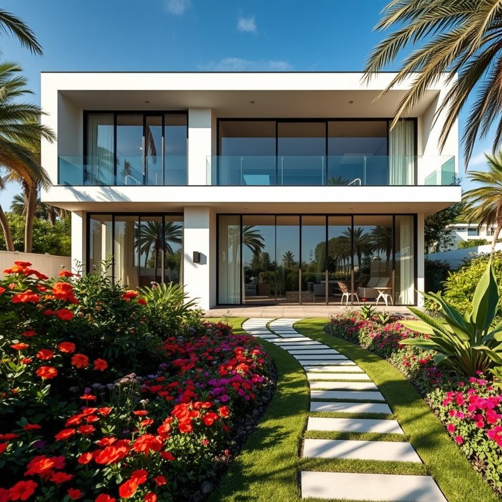 A stunning modern villa featuring two floors, elegantly designed with large glass windows and a striking facade