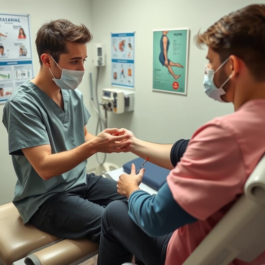 A young man in a medical setting, sitting on an examination table while a healthcare professional is carefully drawing blood from his arm