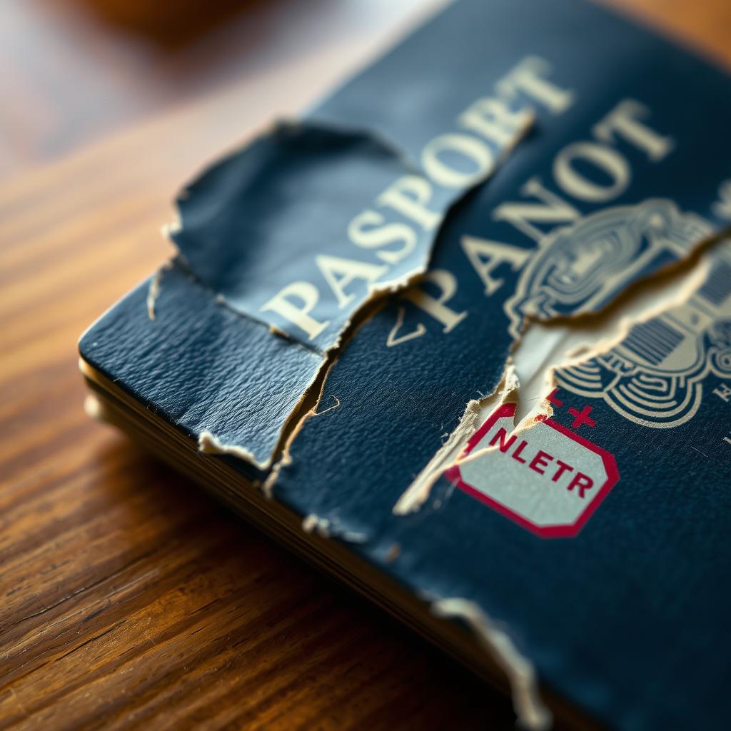 A close-up view of a torn and ripped passport, showcasing the intricate details of its pages and the faded government insignia