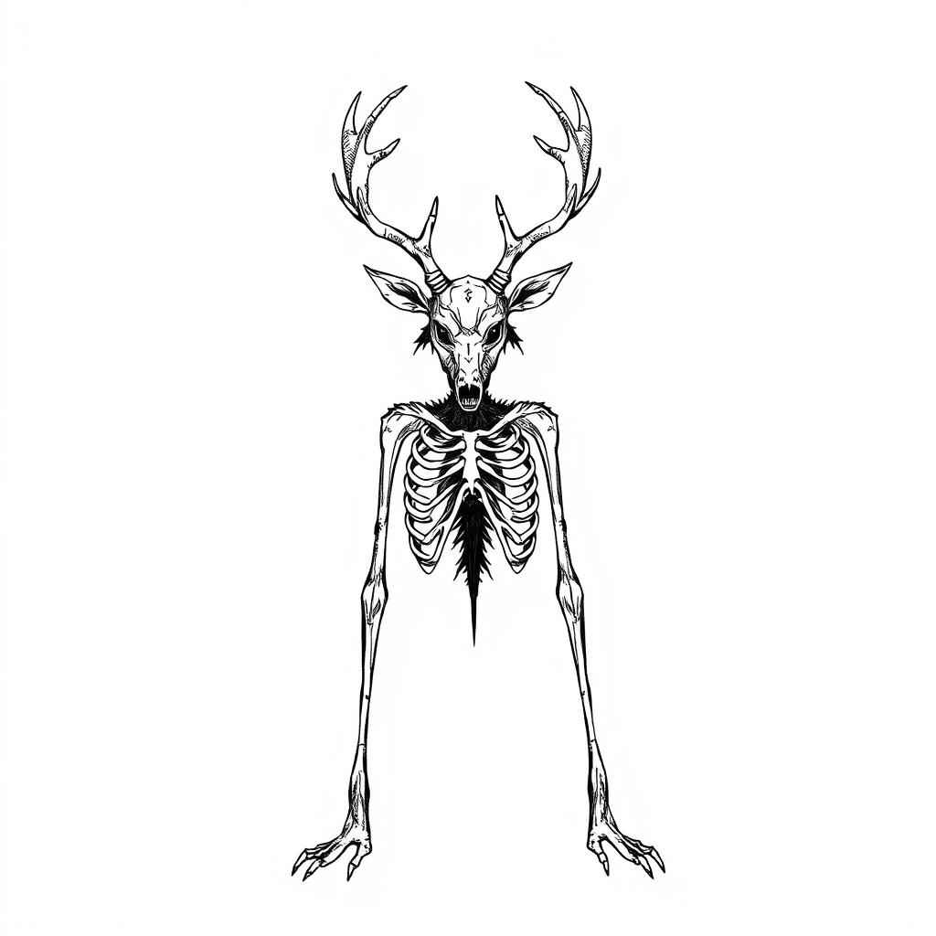 A stylized 2D drawing of a Wendigo-like creature, featuring a deer mask and prominent ribcage that is clearly visible