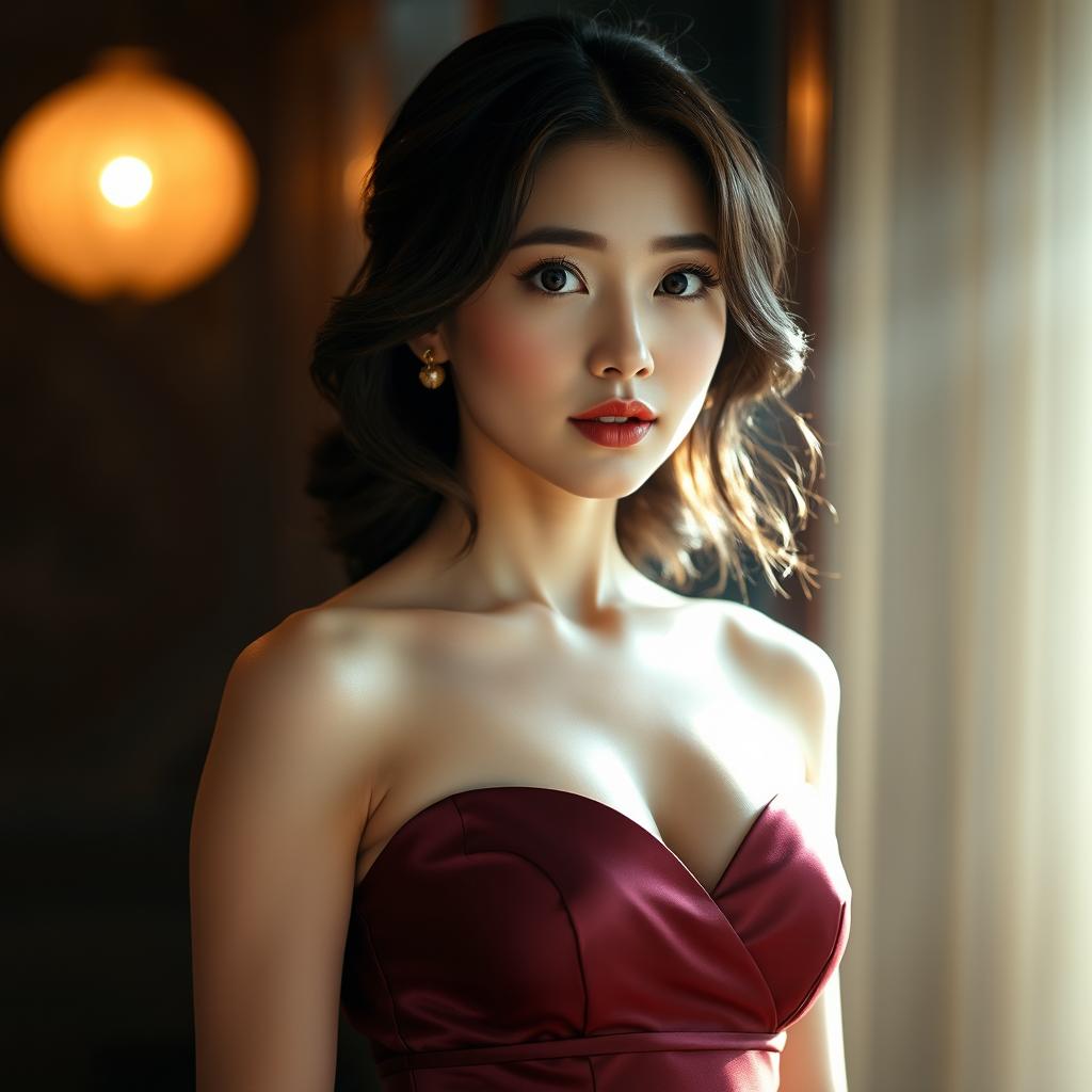 A beautiful woman with an ample bosom, blending Korean and European charm, stands under soft dim lighting