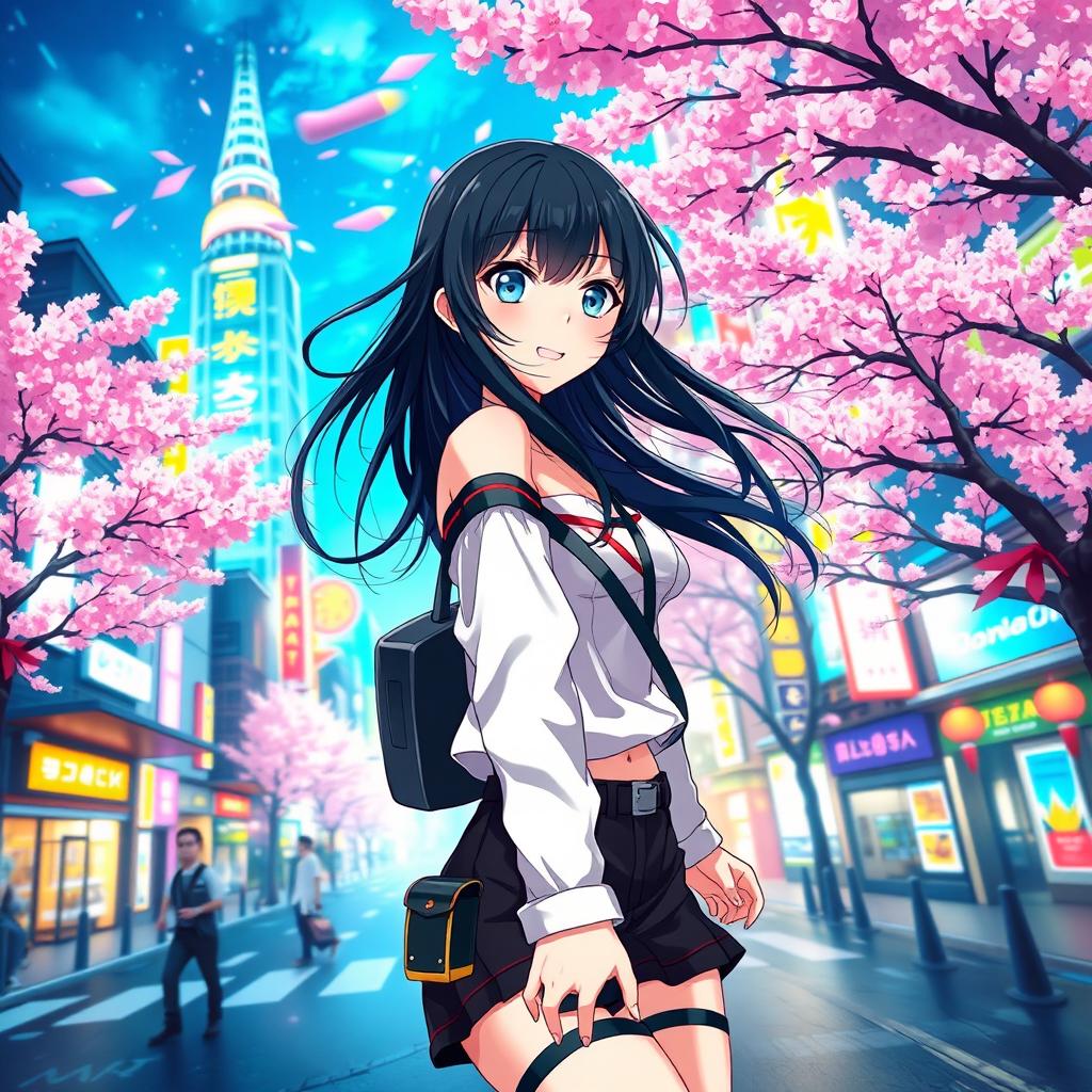 A vibrant anime-style transformation of a photo featuring a young woman with long black hair and bright blue eyes, wearing a stylish outfit combining modern and traditional elements, standing in a fantasy cityscape filled with colorful neon lights and blooming cherry blossom trees