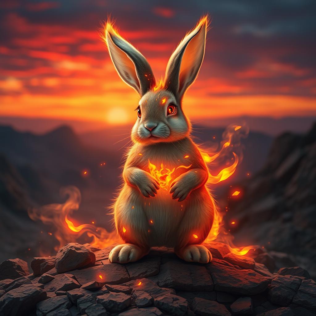 A magical rabbit with fiery powers, standing confidently on a rocky terrain
