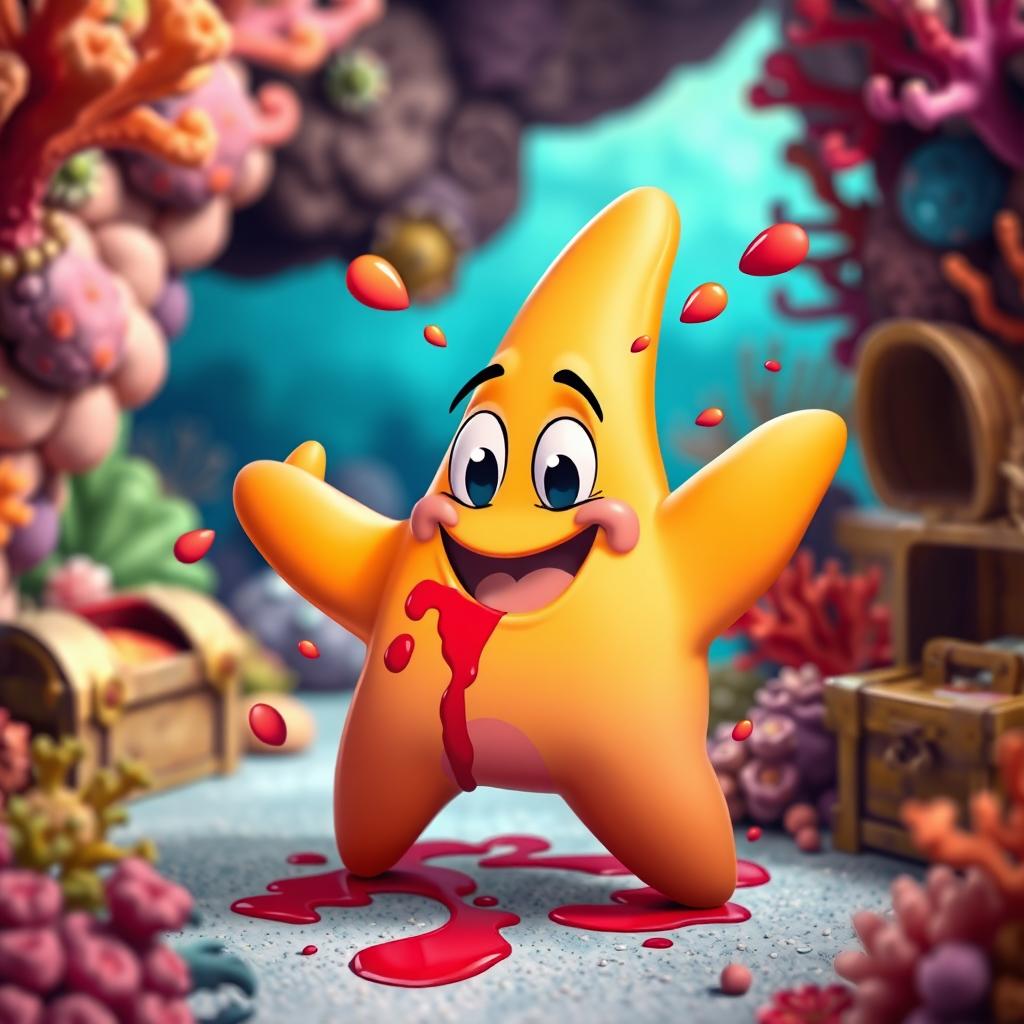 An imaginative scene featuring a cartoon starfish character, resembling a stylized version of Patrick Star, playfully engaged in a fun underwater adventure