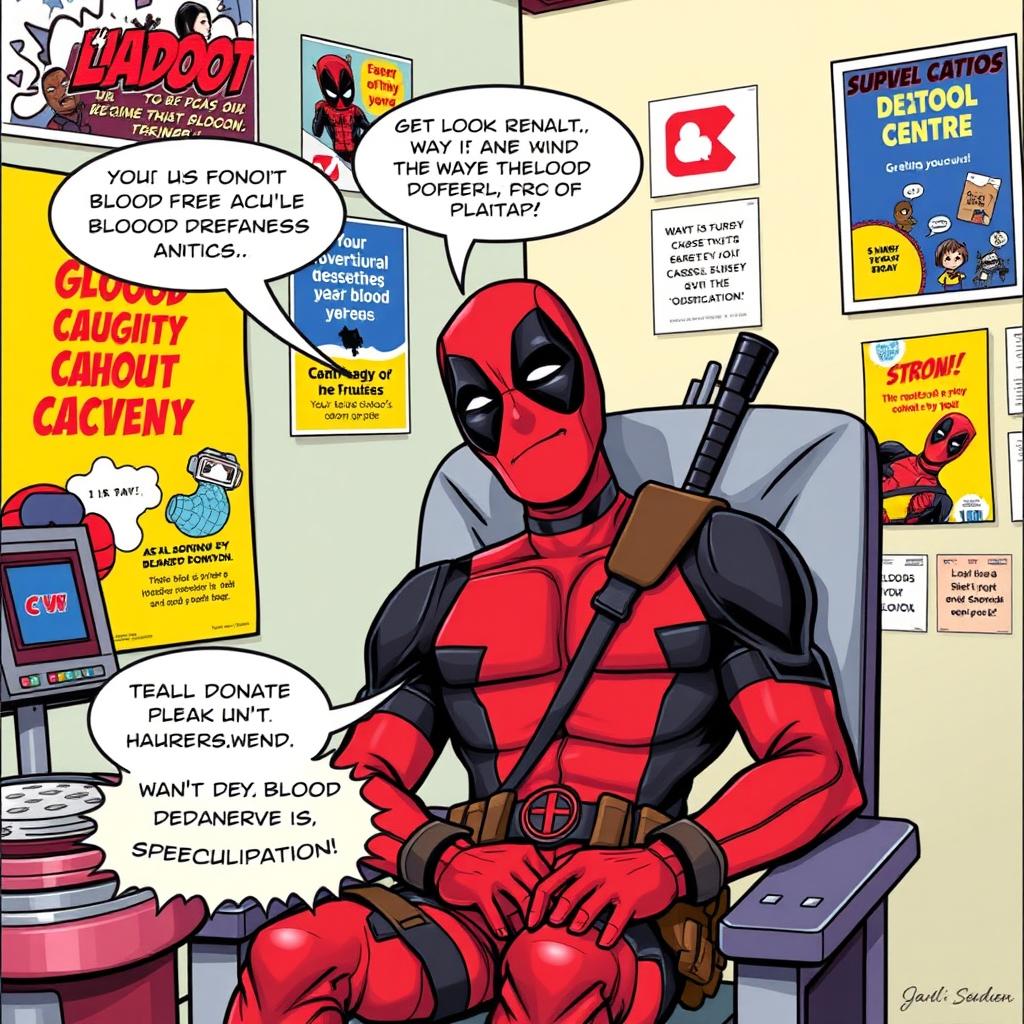A vibrant comic book style illustration of Deadpool, the popular anti-hero, humorously donating blood at a donation center